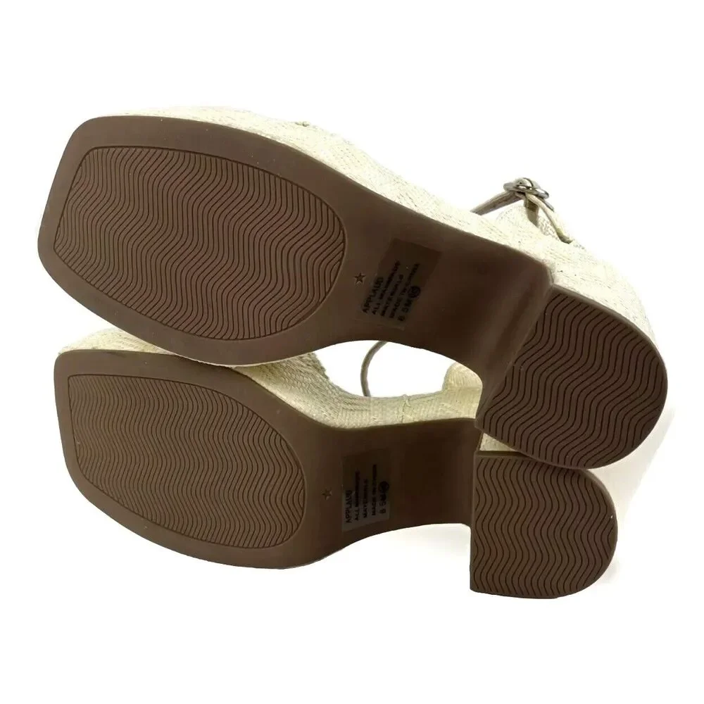 Natural Womens Chunky Platform Heels Sandals white open Toe Ankle Strap SZ 8.5